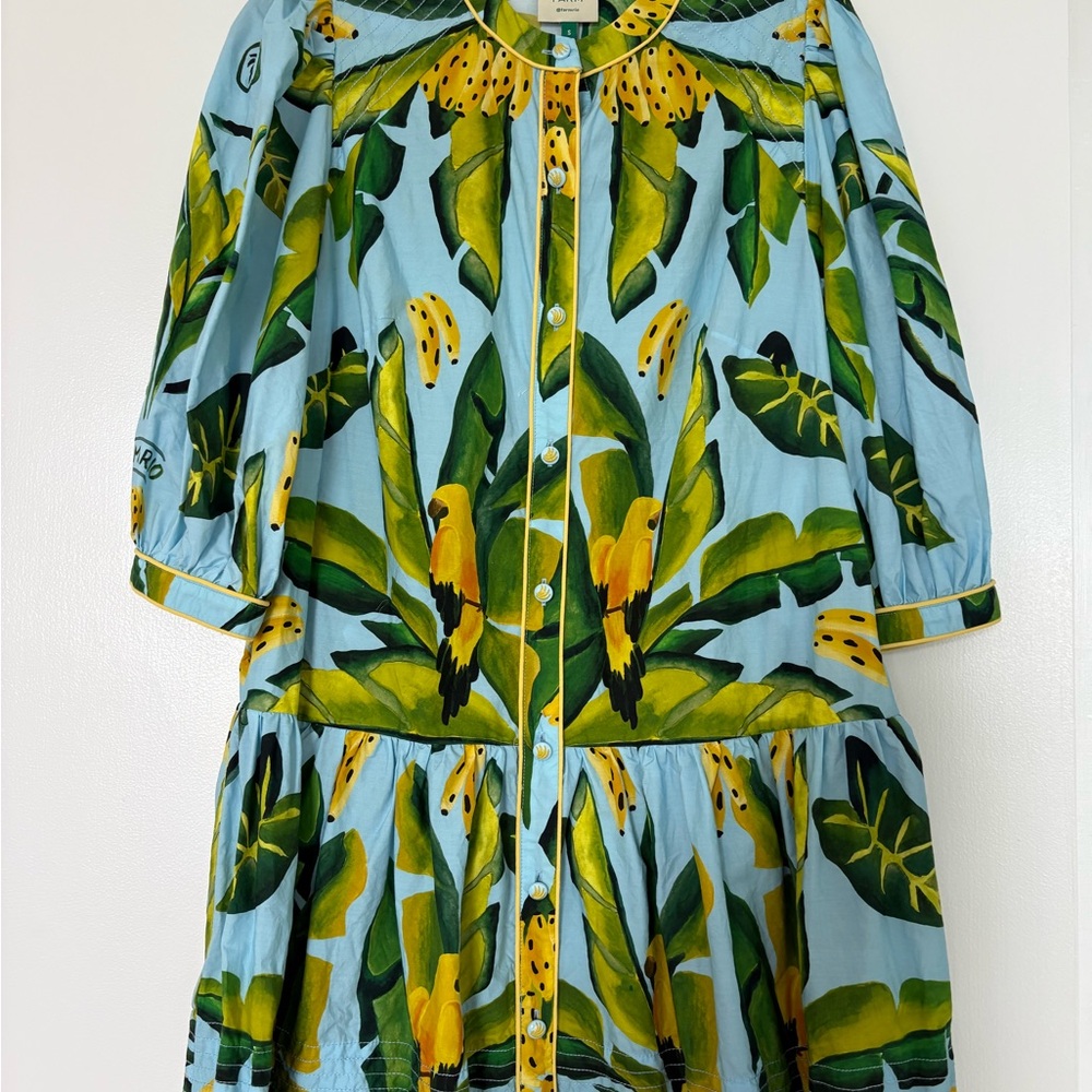 FARM Rio Blue Tropical Parrot Mini Dress with Yellow and Green Print